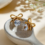 Elegant Heart Bow Zircon Gold Plated Stainless Steel Ear Studs - TIRAAYA