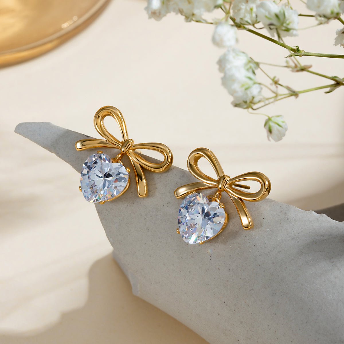 Elegant Heart Bow Zircon Gold Plated Stainless Steel Ear Studs - TIRAAYA