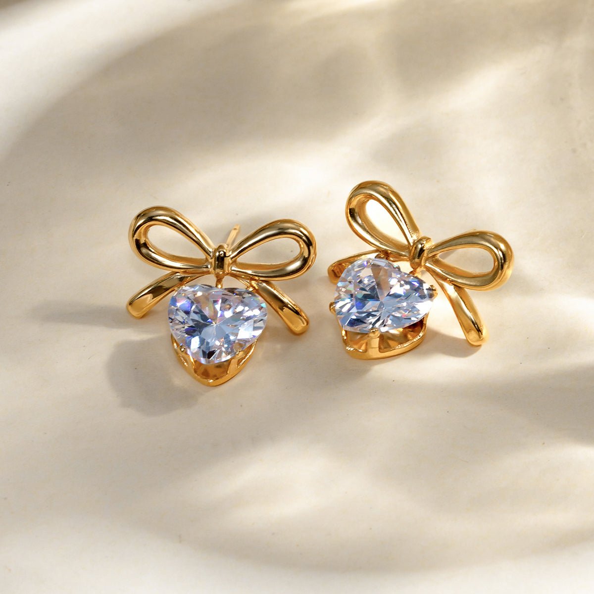 Elegant Heart Bow Zircon Gold Plated Stainless Steel Ear Studs - TIRAAYA