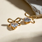 Elegant Heart Bow Zircon Gold Plated Stainless Steel Ear Studs - TIRAAYA