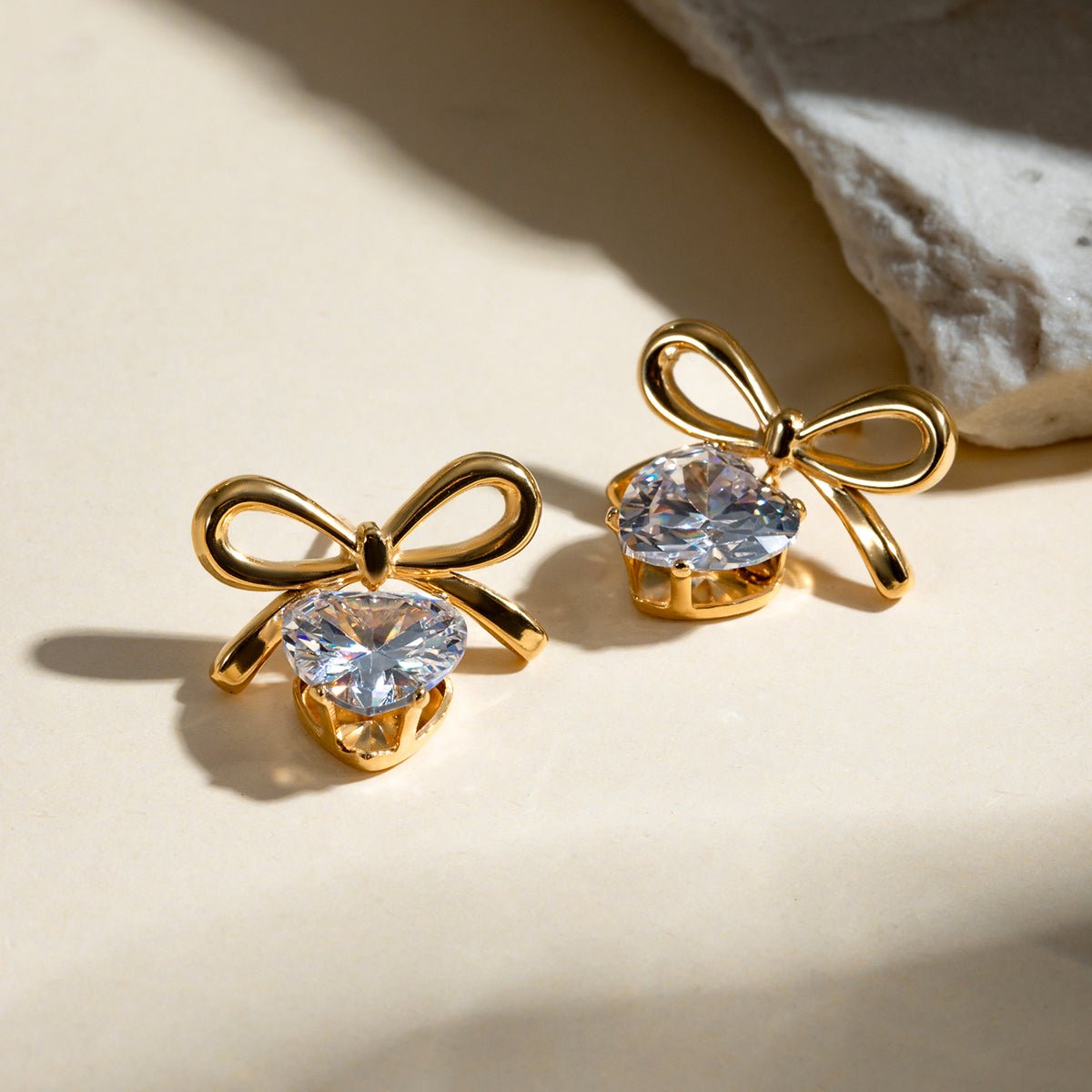 Elegant Heart Bow Zircon Gold Plated Stainless Steel Ear Studs - TIRAAYA