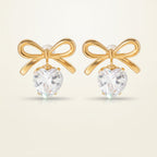 Elegant Heart Bow Zircon Gold Plated Stainless Steel Ear Studs - TIRAAYA