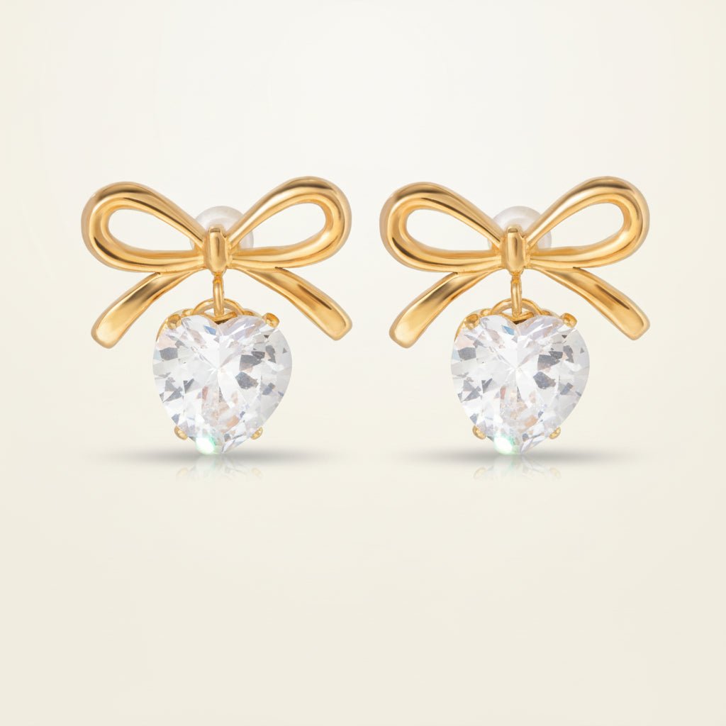 Elegant Heart Bow Zircon Gold Plated Stainless Steel Ear Studs - TIRAAYA