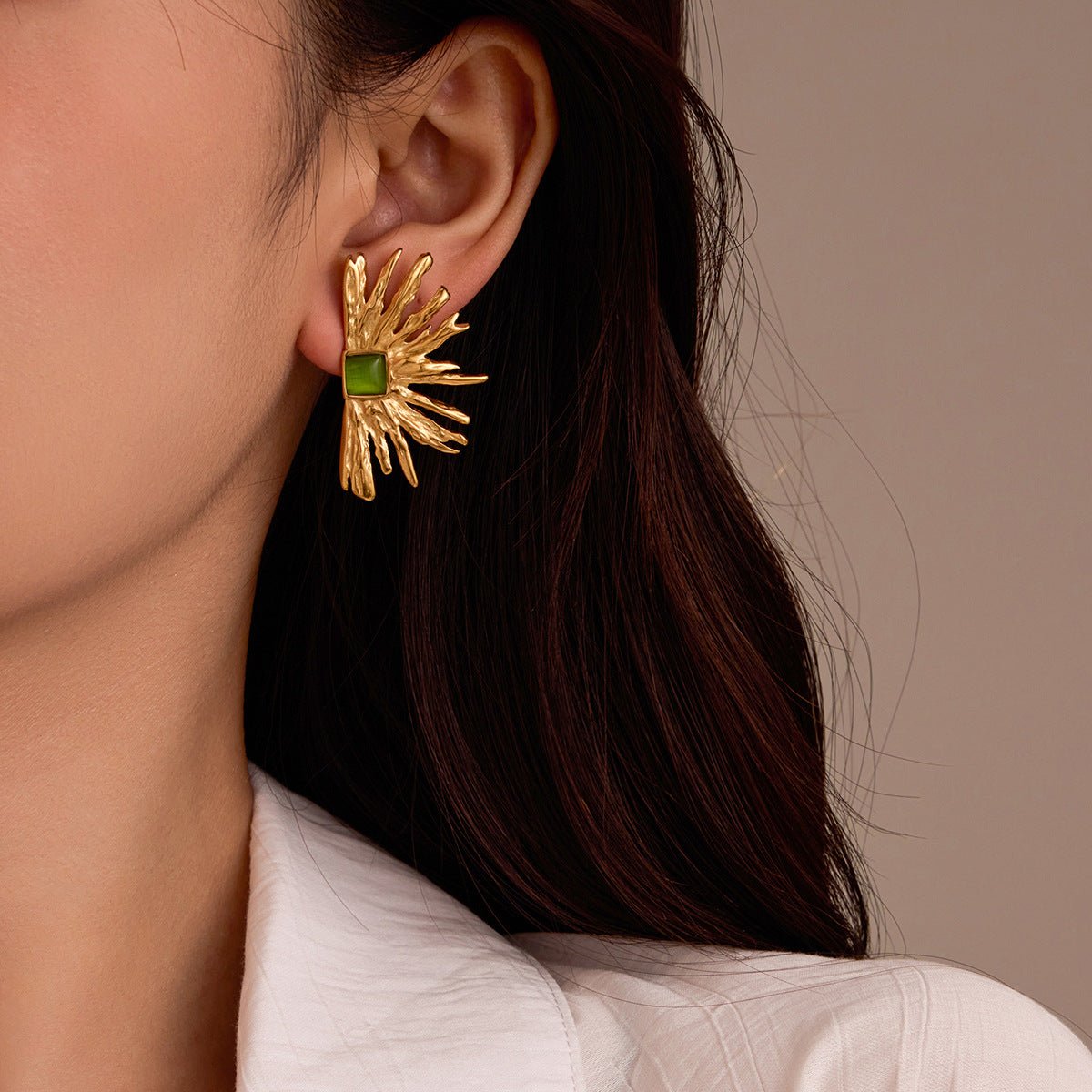 Retro Geometric Opal Gold Plated Stainless Steel Ear Studs - TIRAAYA