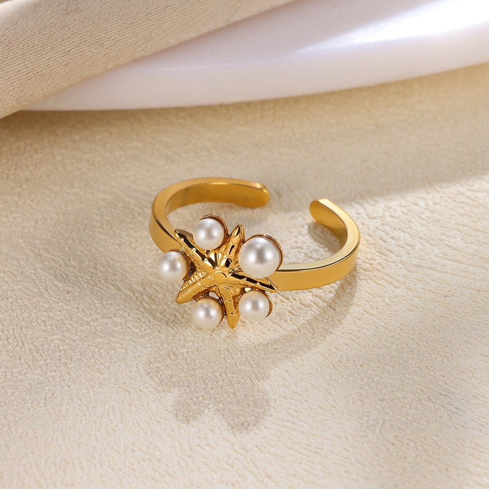 Elegant Floral Star Pearl Gold Plated Stainless Steel Open Ring - TIRAAYA
