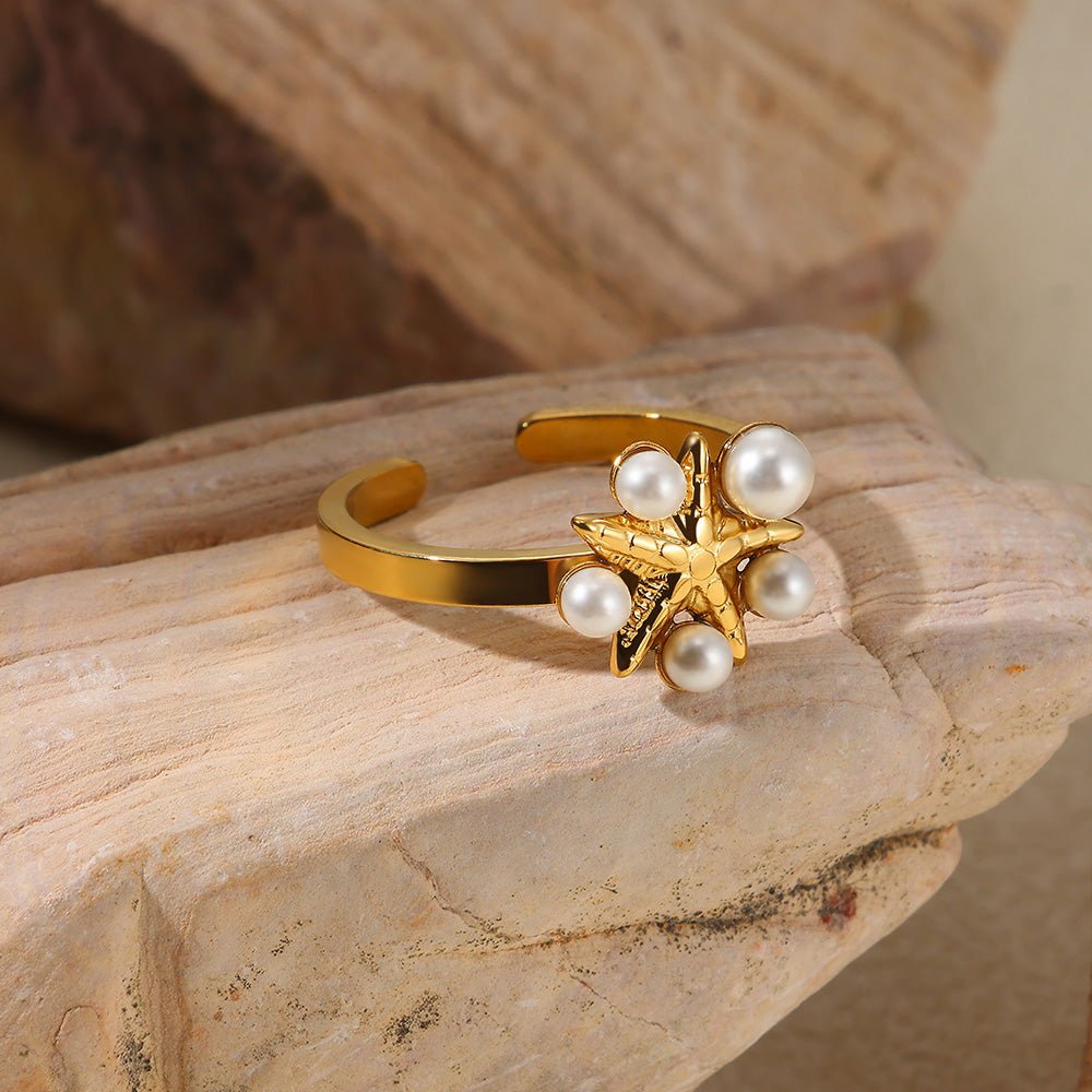 Elegant Floral Star Pearl Gold Plated Stainless Steel Open Ring - TIRAAYA