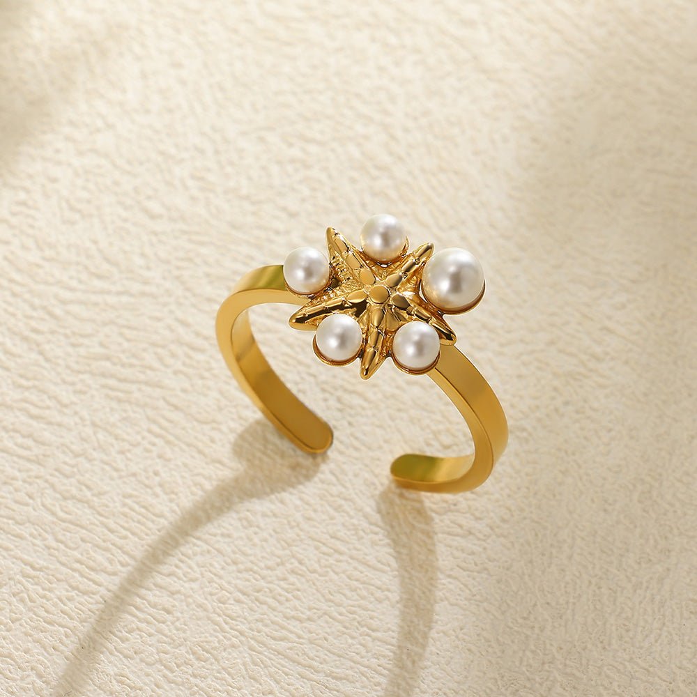 Elegant Floral Star Pearl Gold Plated Stainless Steel Open Ring - TIRAAYA