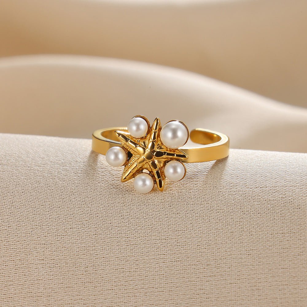 Elegant Floral Star Pearl Gold Plated Stainless Steel Open Ring - TIRAAYA