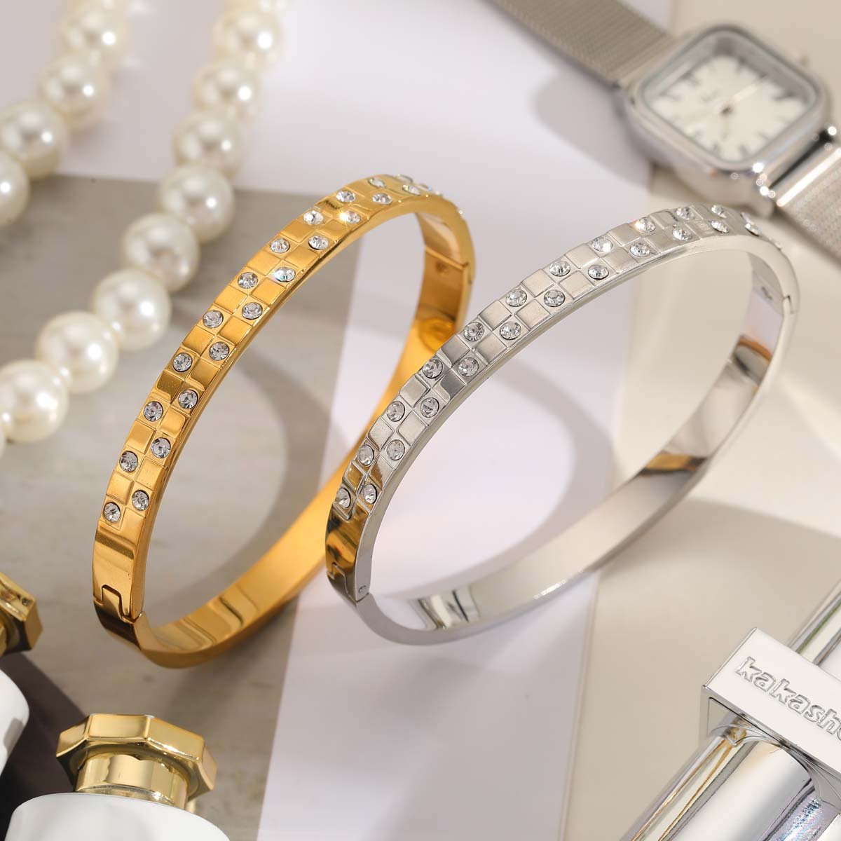 Timeless Solid Color Zircon Gold Plated Stainless Steel Bangle - TIRAAYA