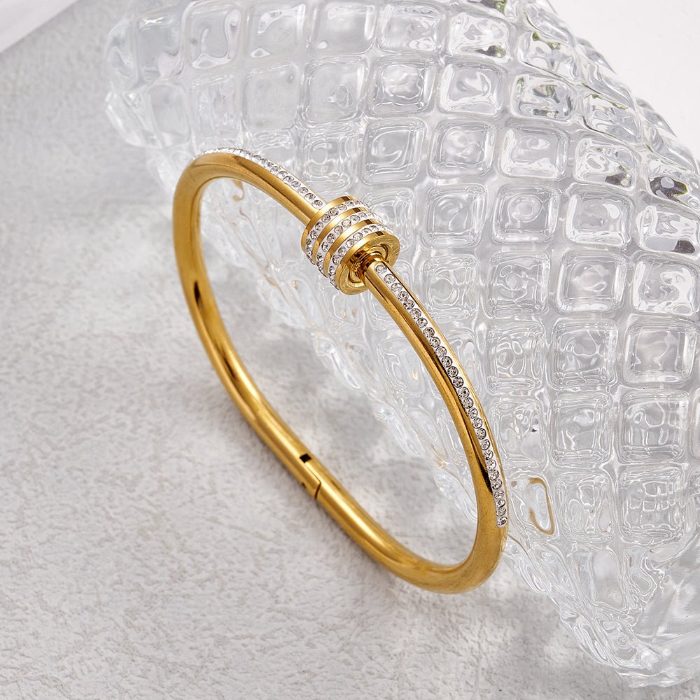 Elegant Floral Diamond Gold Plated Stainless Steel Open Bracelet - TIRAAYA