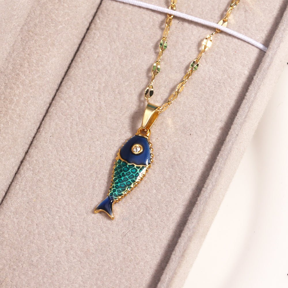 Playful Fish Pendant Gold Plated Titanium Steel Necklace - TIRAAYA