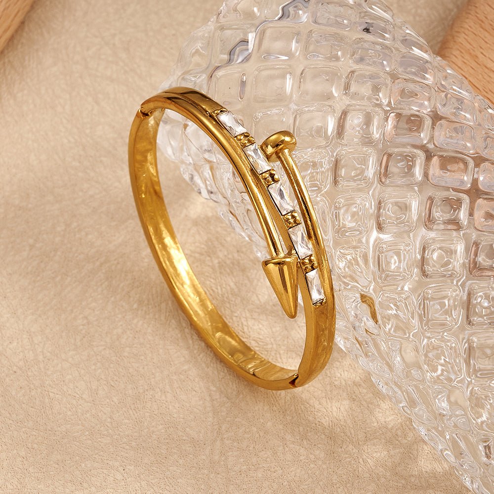 Modern Wave Stripe Bangle In Stainless Steel With Gold Plated Finish - TIRAAYA