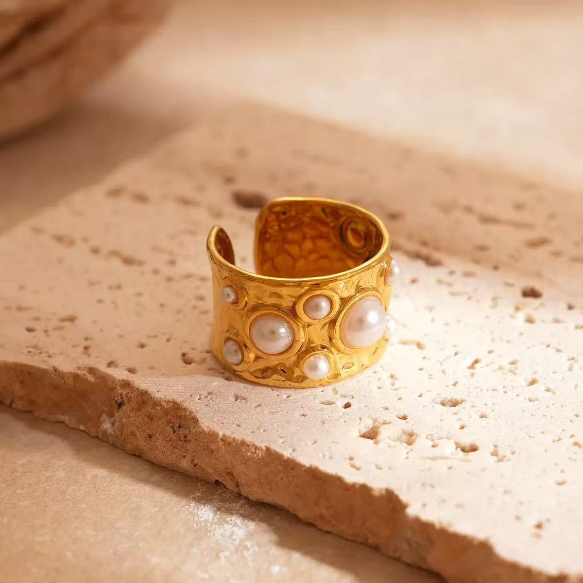 Elegant Pearl Gold Plated Stainless Steel Ring For Unisex - TIRAAYA