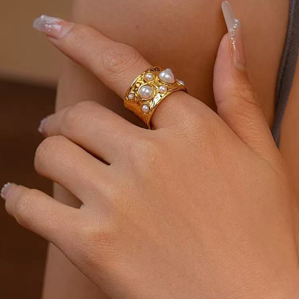 Elegant Pearl Gold Plated Stainless Steel Ring For Unisex - TIRAAYA