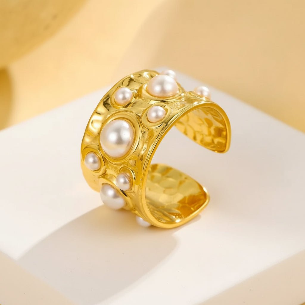 Elegant Pearl Gold Plated Stainless Steel Ring For Unisex - TIRAAYA