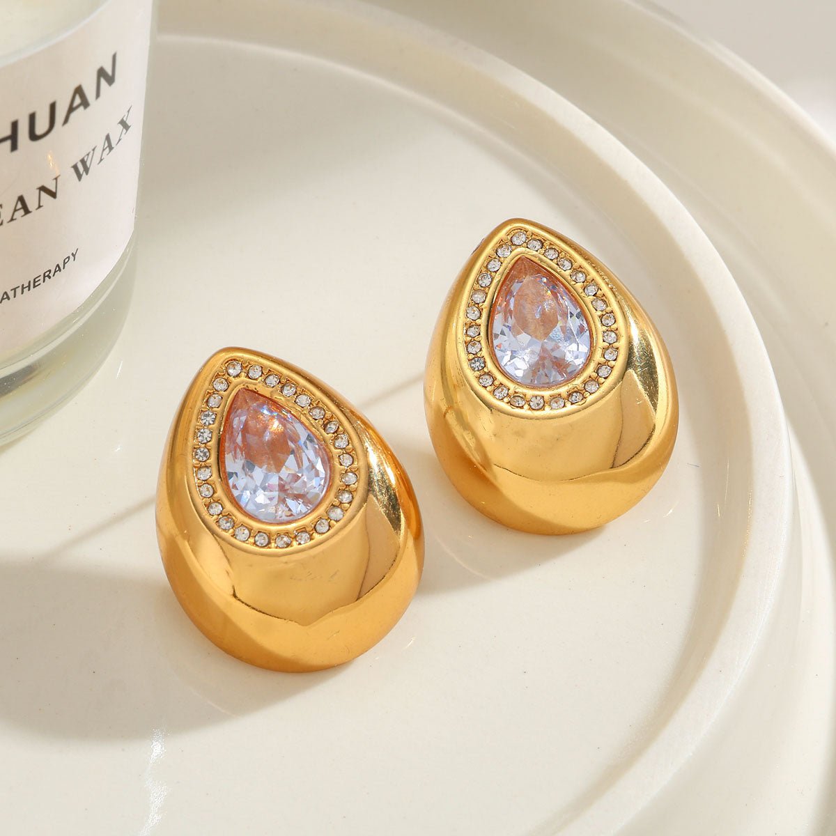 Cute Water Drop Stud Earrings With Zircon Gold Plated Finish - TIRAAYA
