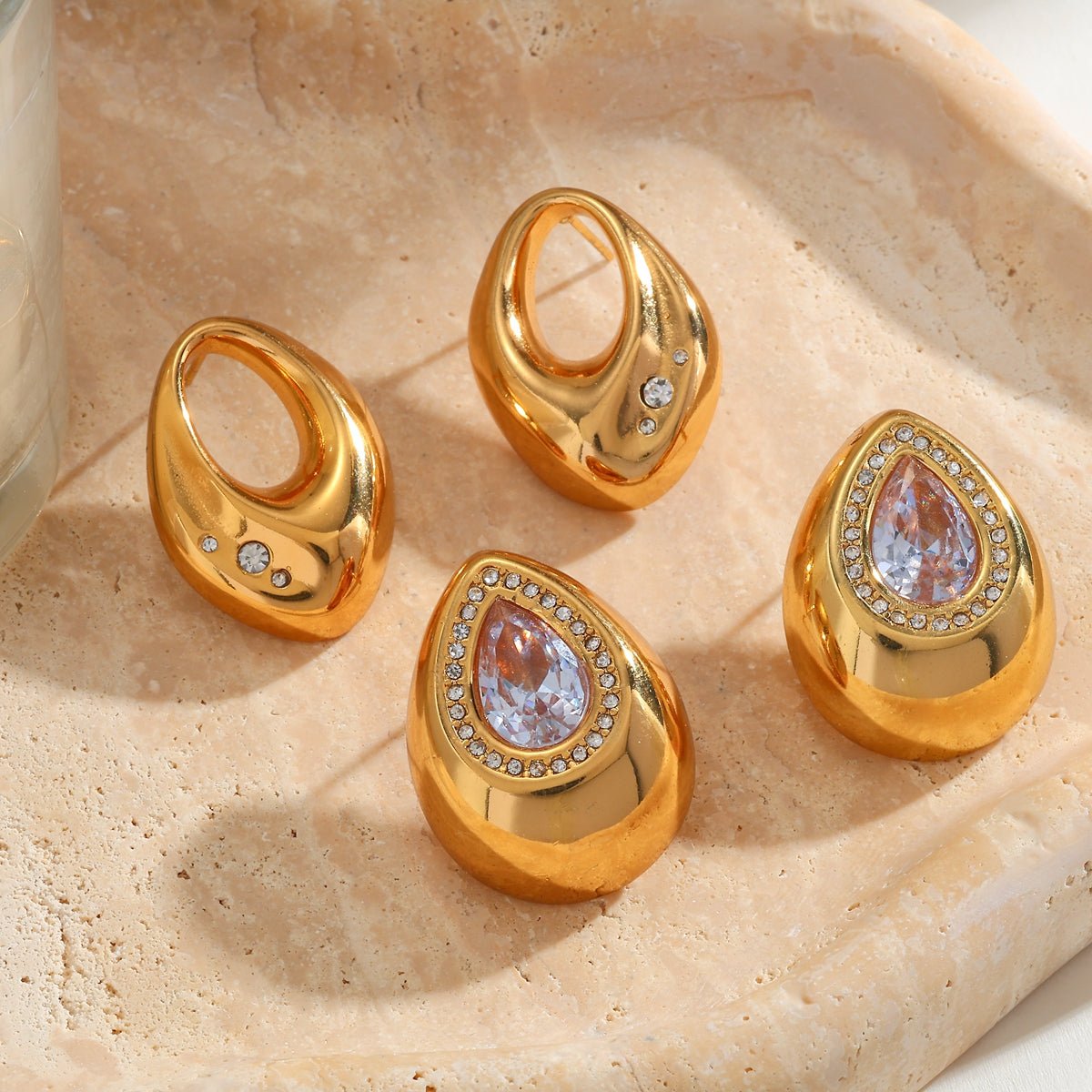 Cute Water Drop Stud Earrings With Zircon Gold Plated Finish - TIRAAYA