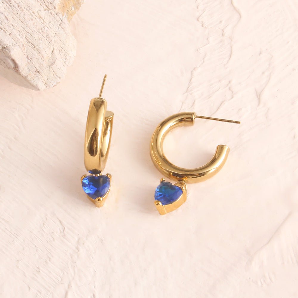 Vintage Ocean Heart Zircon Gold Plated Stainless Steel Ear Studs - TIRAAYA