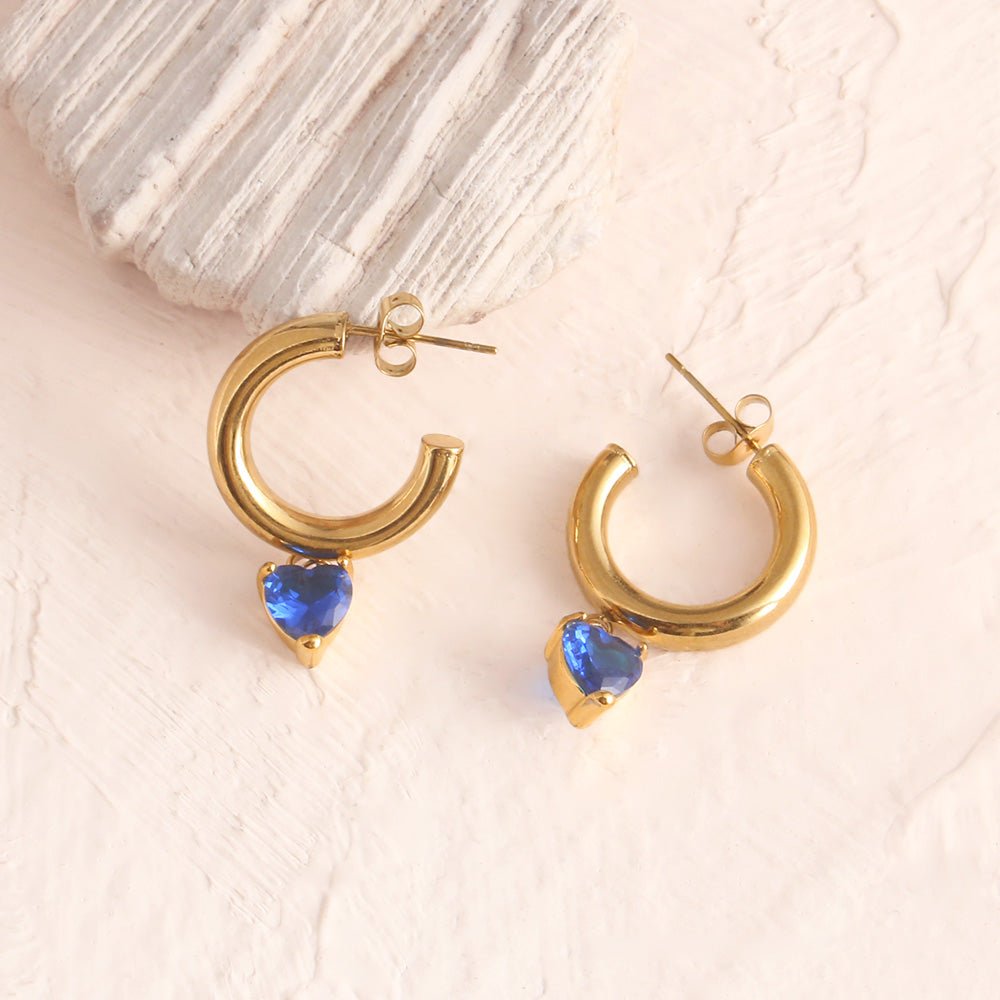 Vintage Ocean Heart Zircon Gold Plated Stainless Steel Ear Studs - TIRAAYA