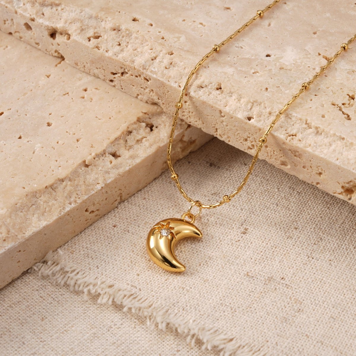 Elegant Moon Zircon Gold Plated Stainless Steel Pendant Necklace - TIRAAYA