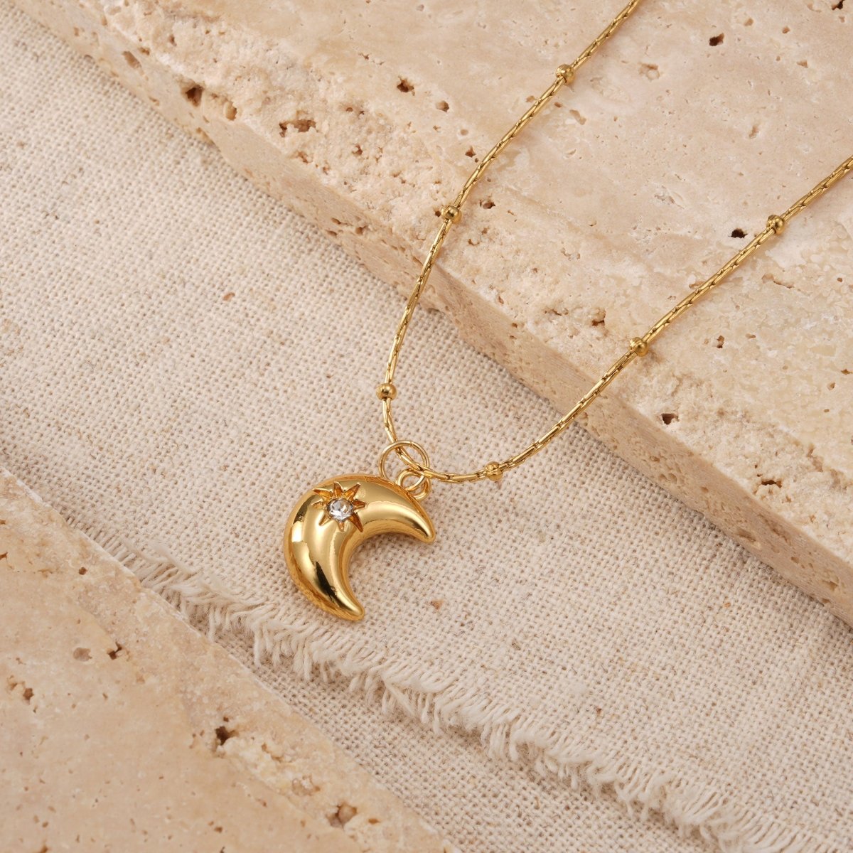 Elegant Moon Zircon Gold Plated Stainless Steel Pendant Necklace - TIRAAYA