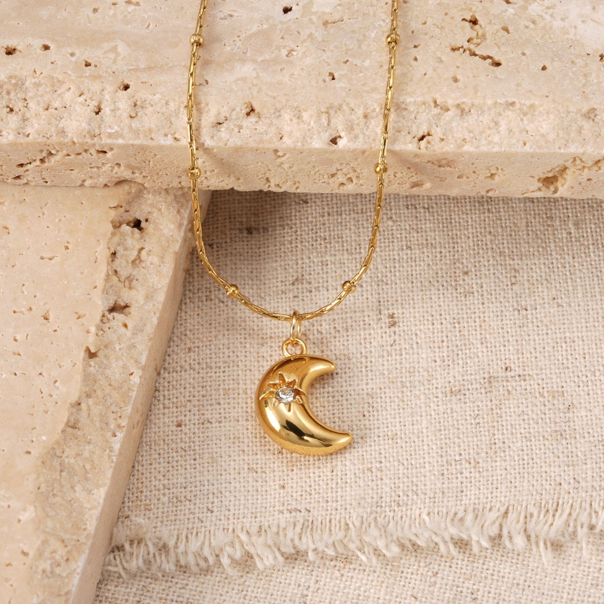 Elegant Moon Zircon Gold Plated Stainless Steel Pendant Necklace - TIRAAYA
