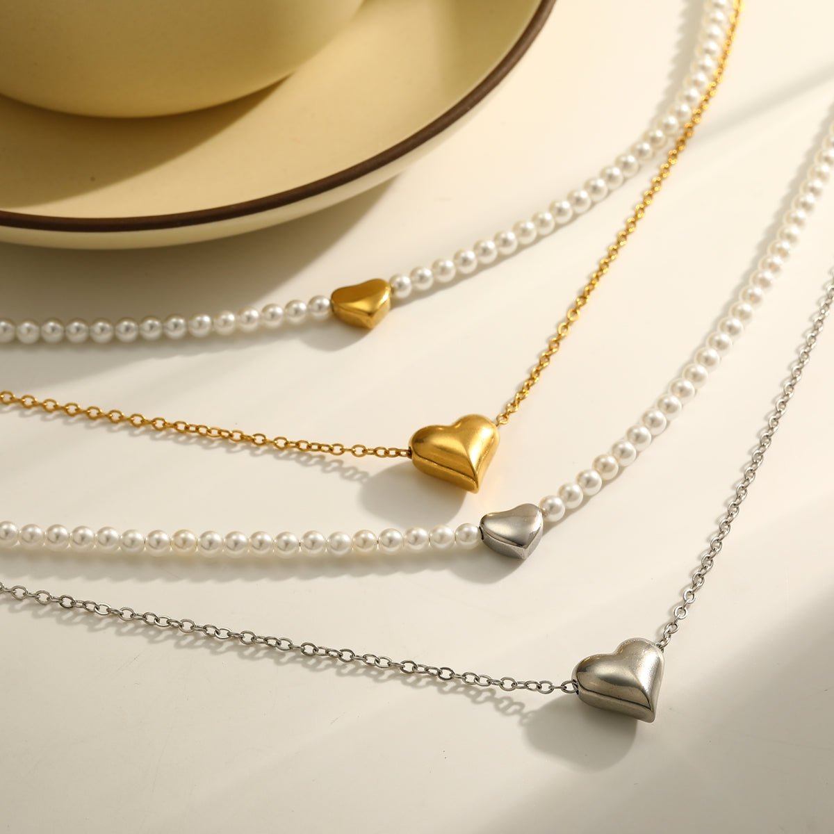 Elegant Heart Pearl Gold Plated Stainless Steel Double Layer Necklace - TIRAAYA