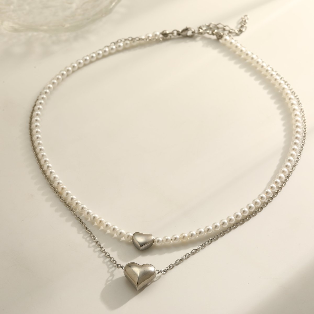 Elegant Heart Pearl Gold Plated Stainless Steel Double Layer Necklace - TIRAAYA