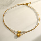 Elegant Heart Pearl Gold Plated Stainless Steel Double Layer Necklace - TIRAAYA