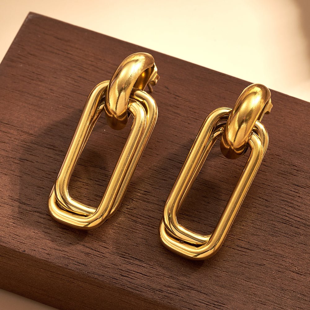 Modern Double Rectangle Gold Plated Stainless Steel Drop Earrings - TIRAAYA