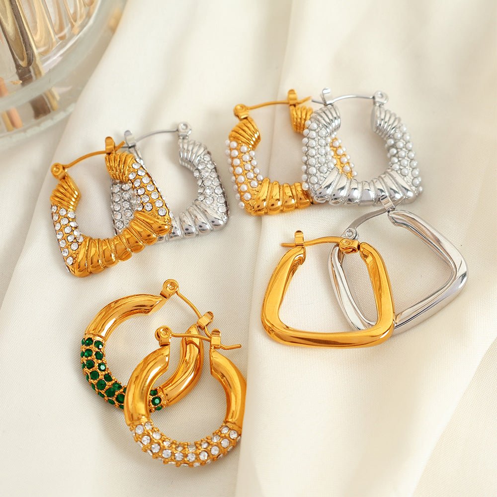 Elegant Geometric Pearl Earrings With Zircon And Gold Plated Finish - TIRAAYA