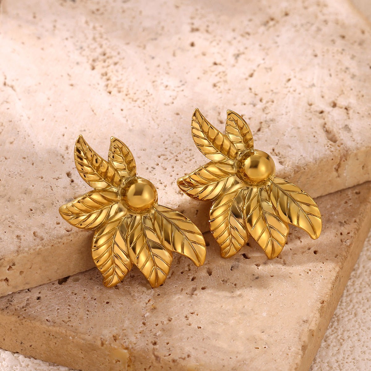 Elegant Leaf Design Gold Plated Stainless Steel Hoop Earrings - TIRAAYA
