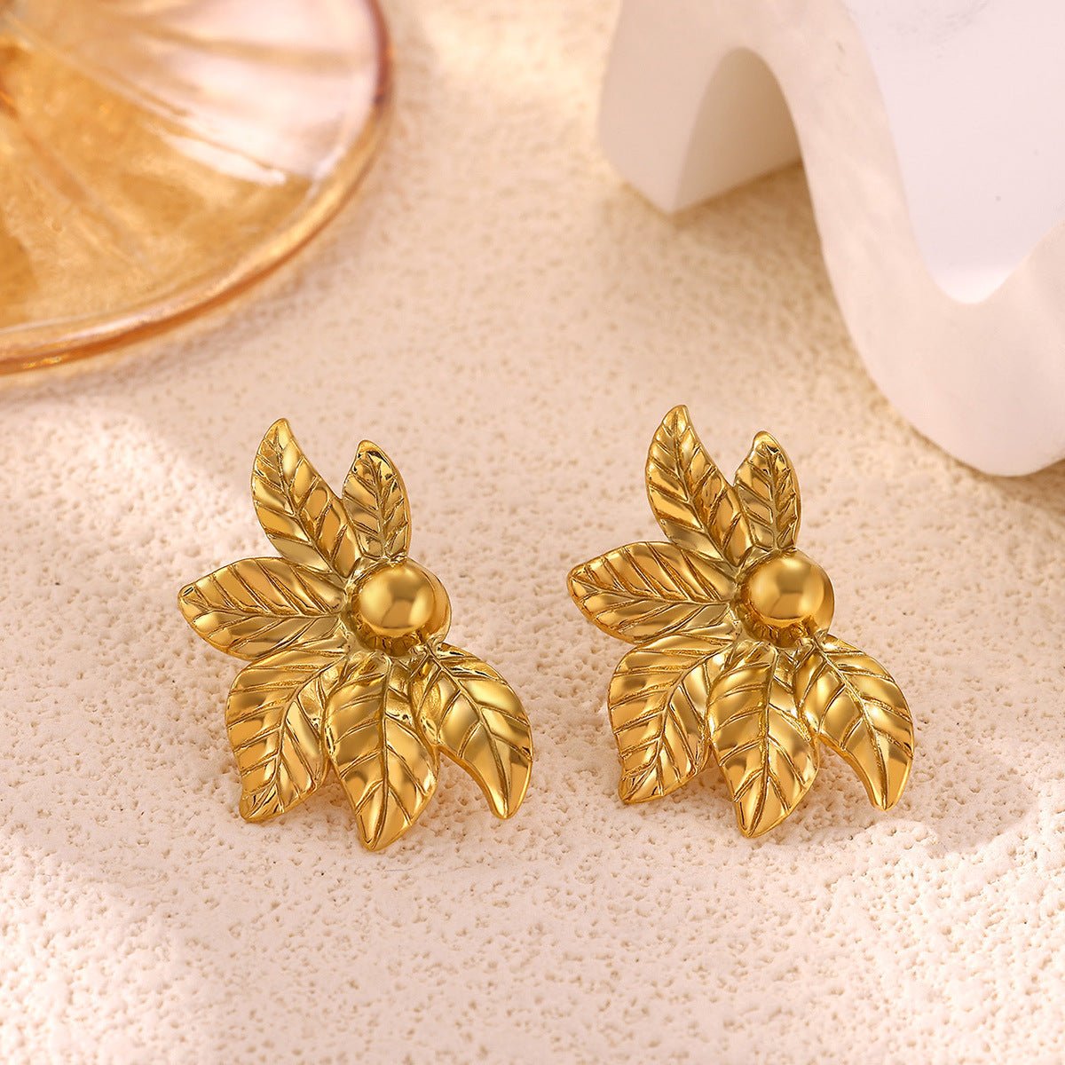 Elegant Leaf Design Gold Plated Stainless Steel Hoop Earrings - TIRAAYA