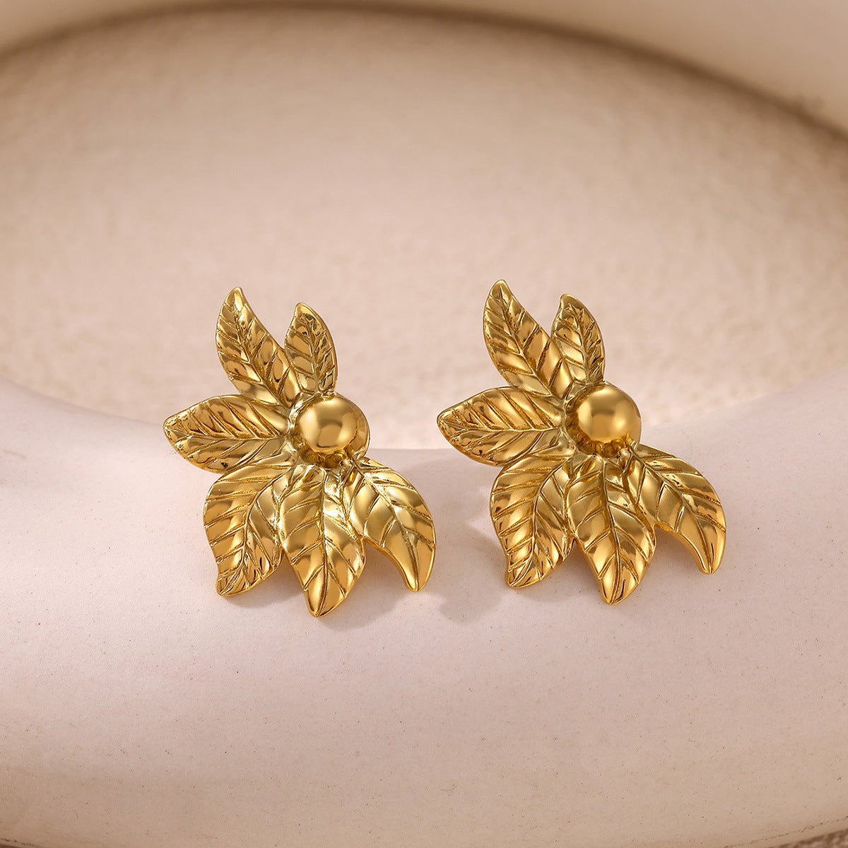 Elegant Leaf Design Gold Plated Stainless Steel Hoop Earrings - TIRAAYA