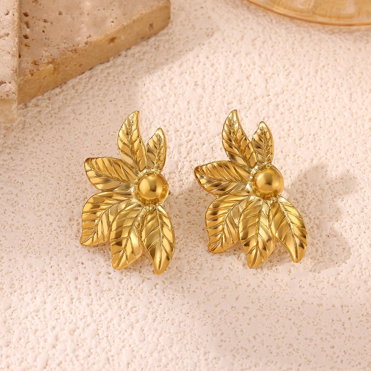 Elegant Leaf Design Gold Plated Stainless Steel Hoop Earrings - TIRAAYA