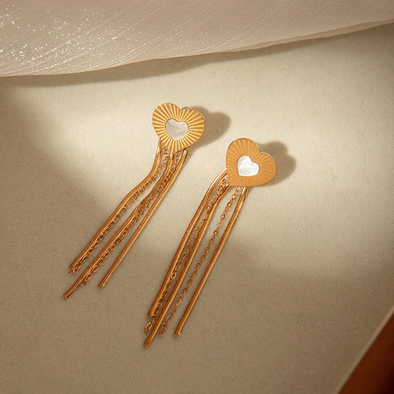 Elegant Heart Tassel Earrings With Shell And Gold Plated Finish - TIRAAYA