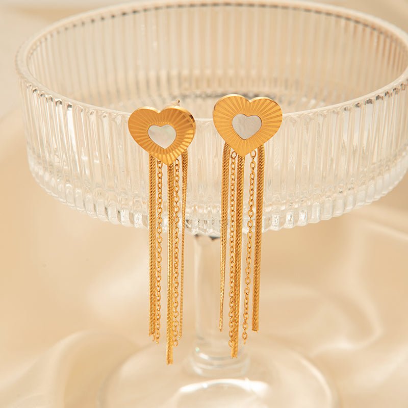 Elegant Heart Tassel Earrings With Shell And Gold Plated Finish - TIRAAYA
