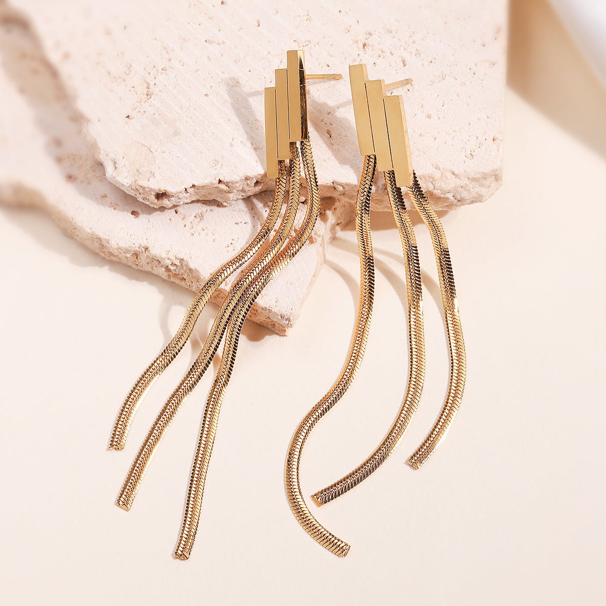 Minimal Tassel Geometric Gold Plated Stainless Steel Drop Earrings - TIRAAYA