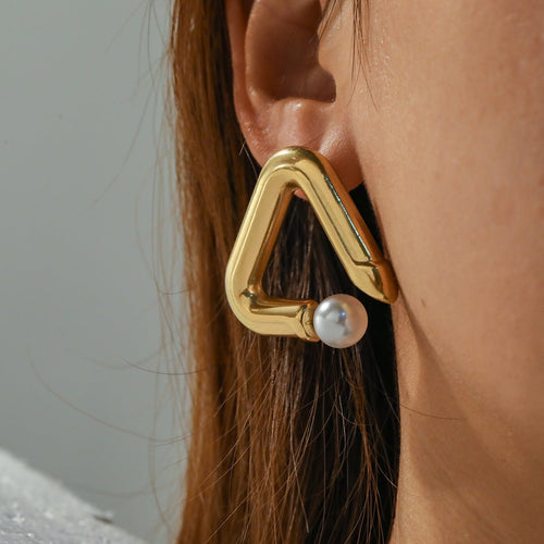 Classic Geometric Pearl Gold Plated Stainless Steel Earrings - TIRAAYA