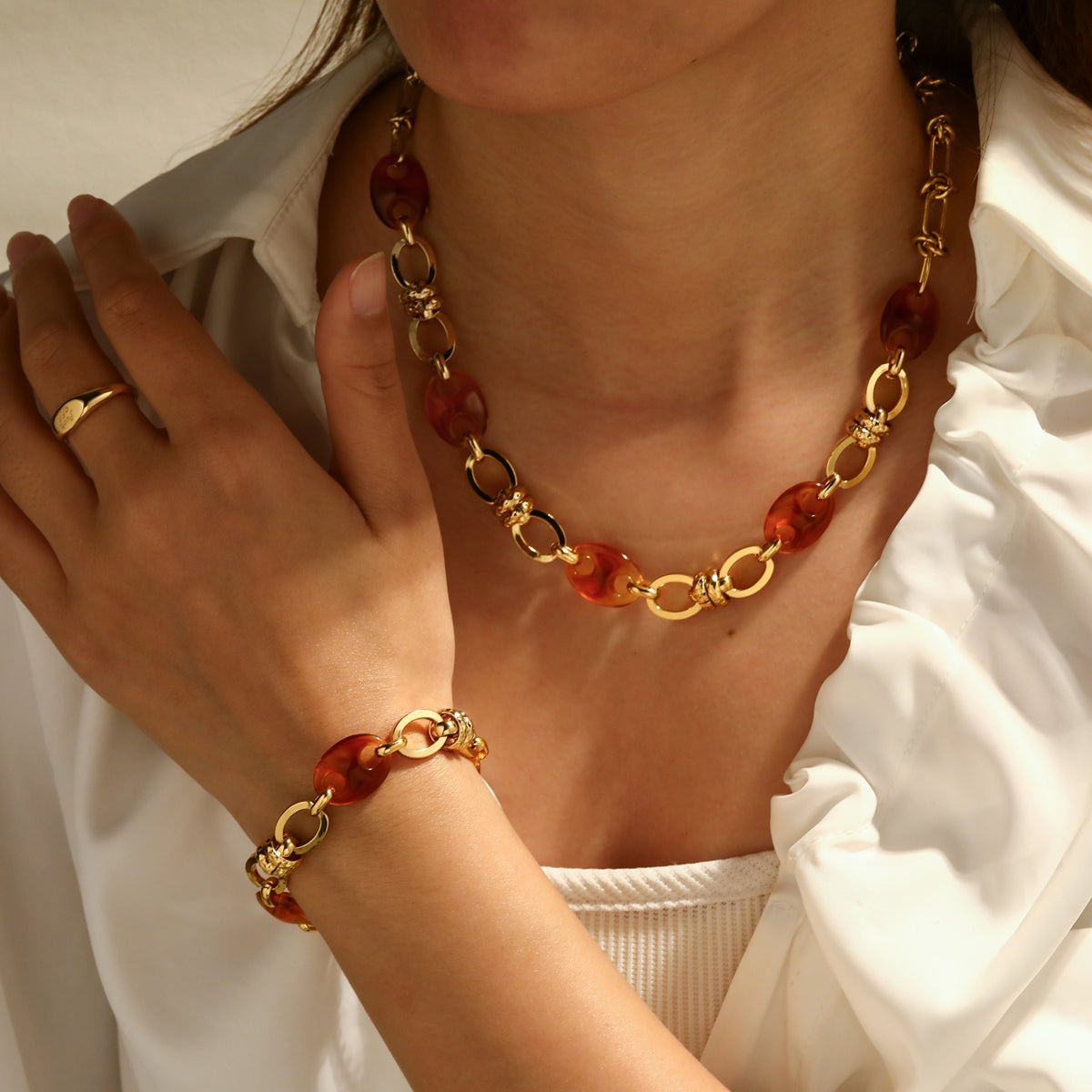 Modern Paperclip Resin Gold Plated Stainless Steel Bracelet And Necklace - TIRAAYA