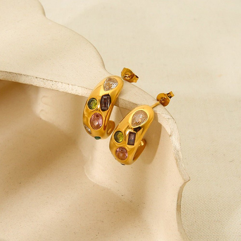 Geometric C Shape Zircon Earrings With Gold Plated Finish - TIRAAYA