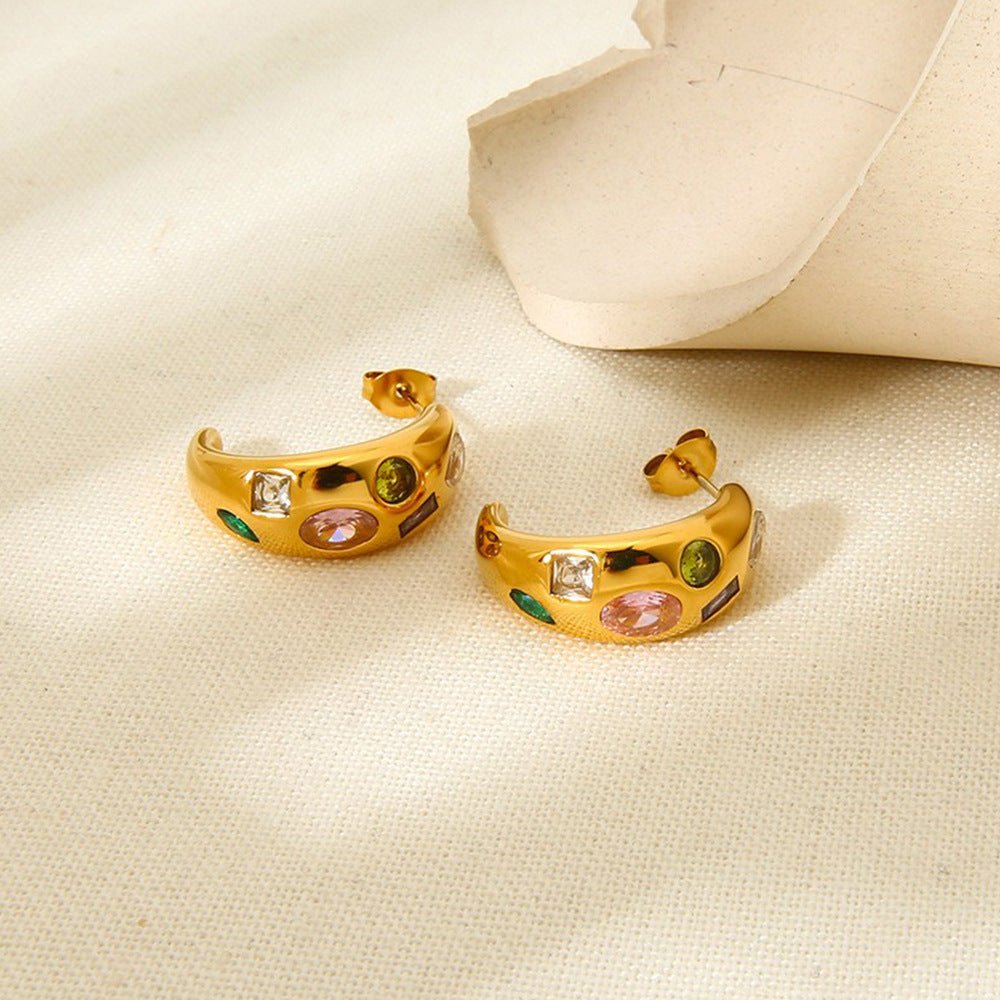 Geometric C Shape Zircon Earrings With Gold Plated Finish - TIRAAYA