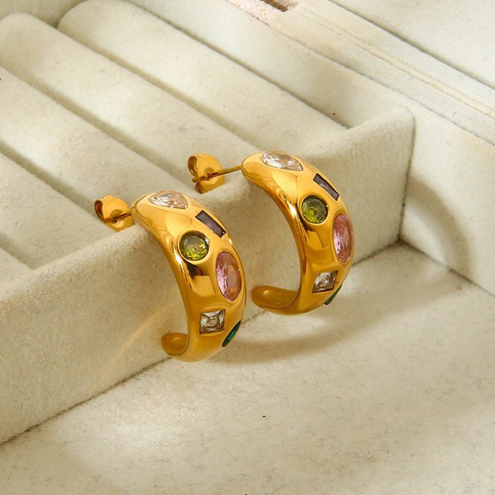 Geometric C Shape Zircon Earrings With Gold Plated Finish - TIRAAYA