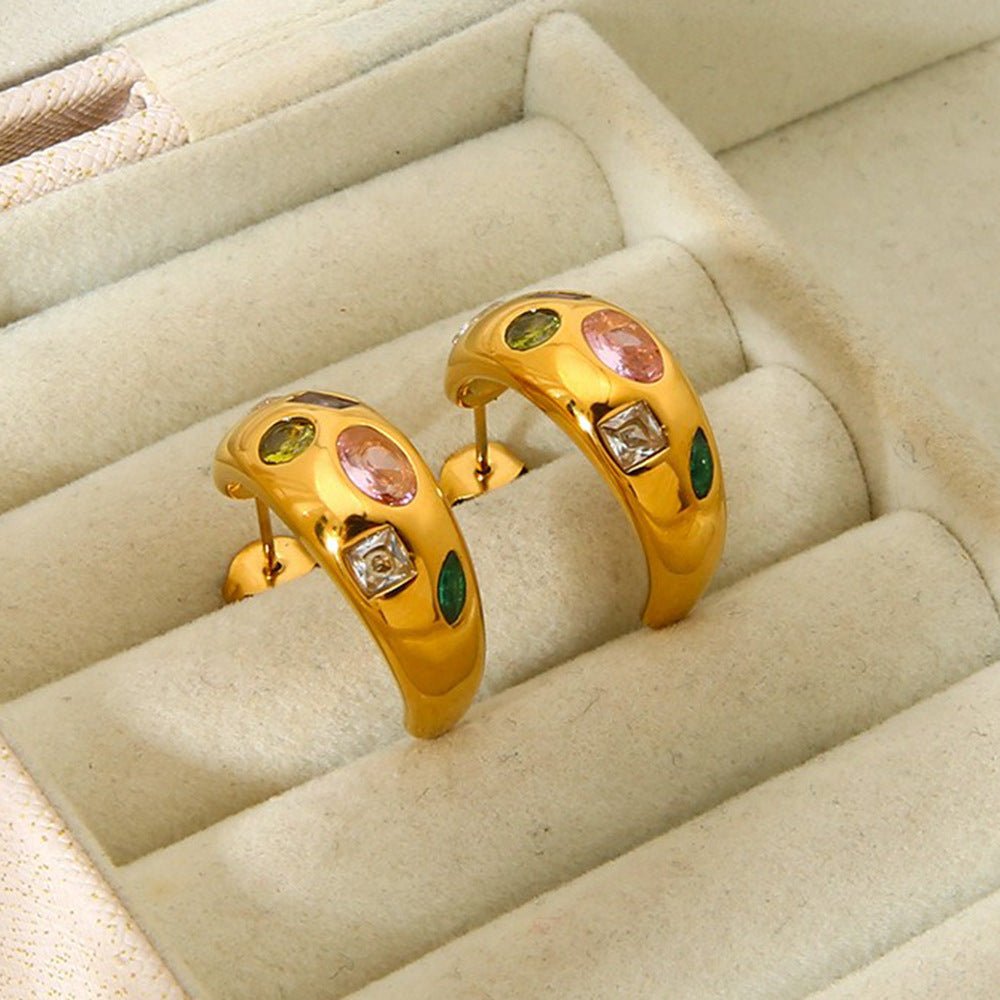 Geometric C Shape Zircon Earrings With Gold Plated Finish - TIRAAYA