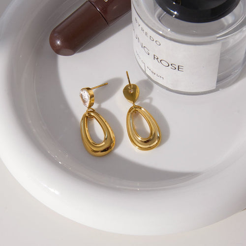 Elegant Asymmetric Water Drop Zircon Gold Plated Stainless Steel Earrings - TIRAAYA