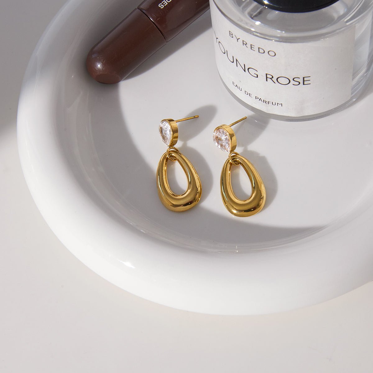 Elegant Asymmetric Water Drop Zircon Gold Plated Stainless Steel Earrings - TIRAAYA