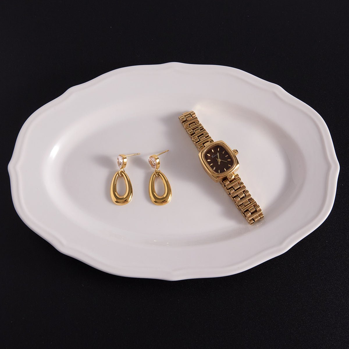 Elegant Asymmetric Water Drop Zircon Gold Plated Stainless Steel Earrings - TIRAAYA