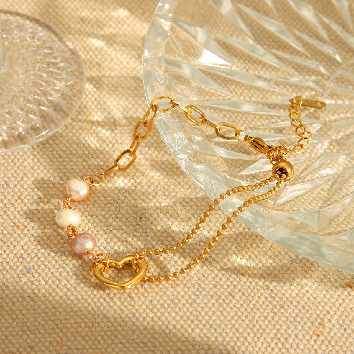 Elegant Heart Pearl Bracelet With Gold Plated Paperclip Chain - TIRAAYA