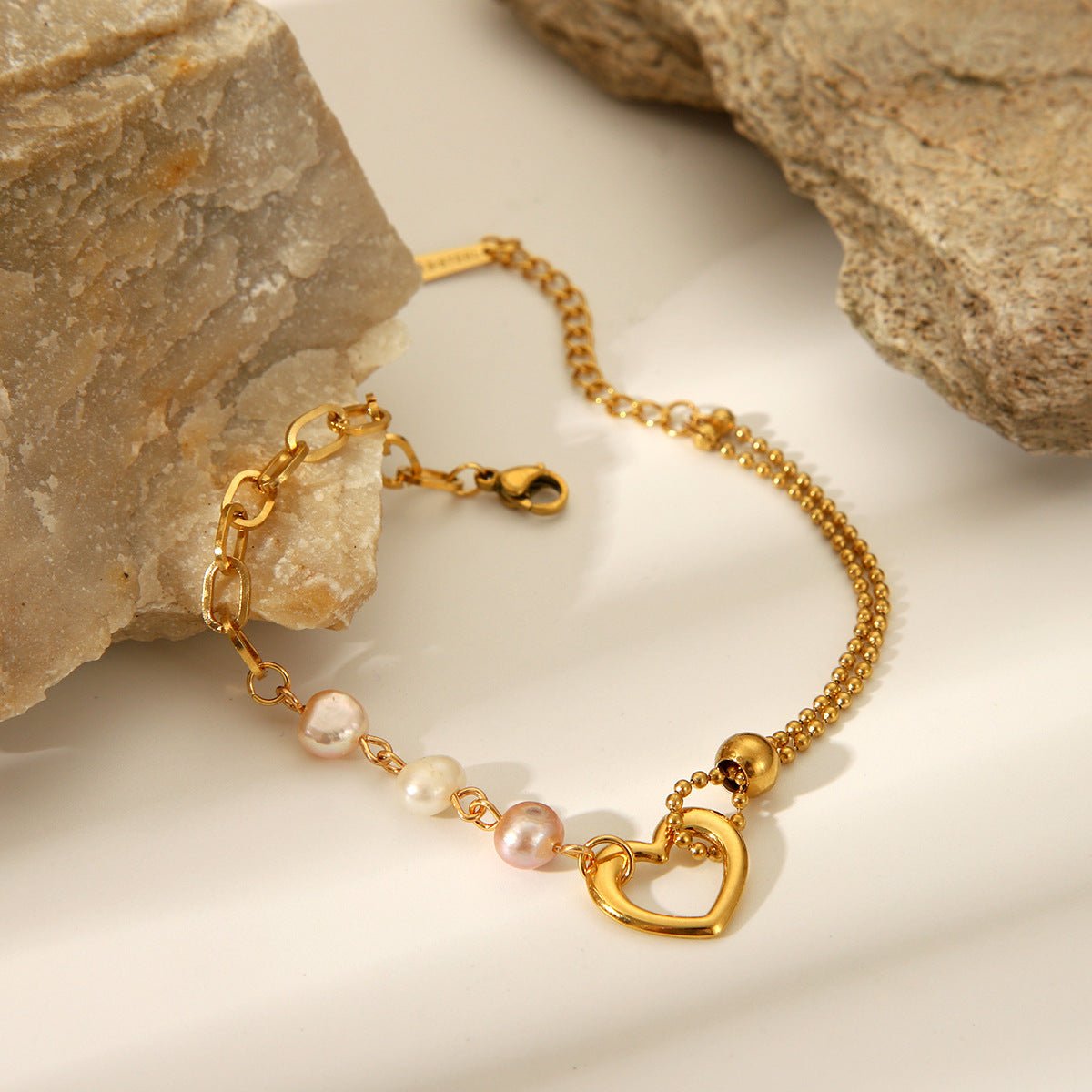 Elegant Heart Pearl Bracelet With Gold Plated Paperclip Chain - TIRAAYA