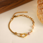 Elegant Heart Pearl Bracelet With Gold Plated Paperclip Chain - TIRAAYA